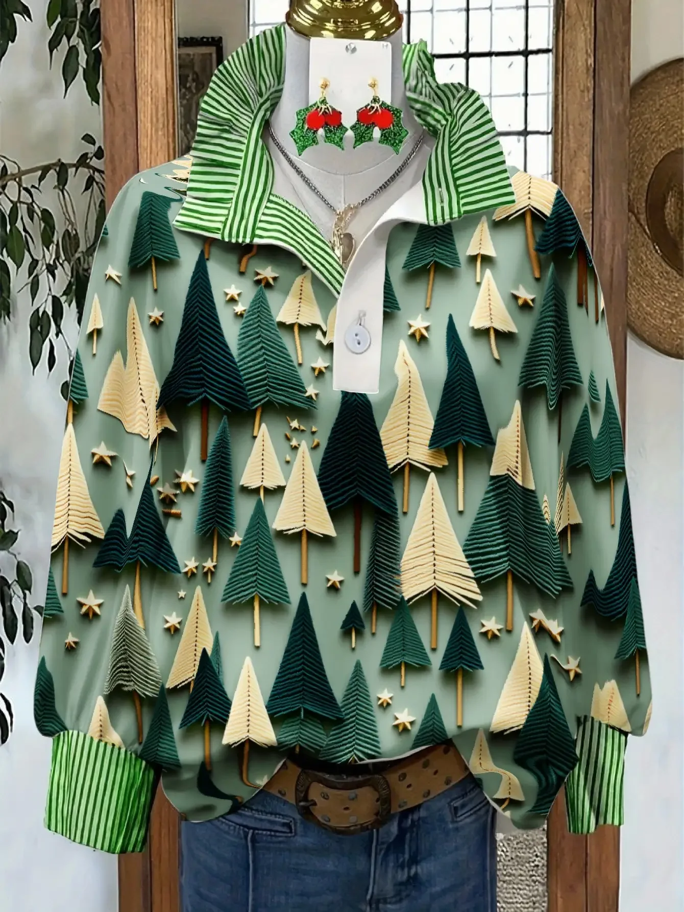 2026 New Christmas Women's Top Spring and Autumn Winter Women's Stand up Collar Shirt Long Sleeve,