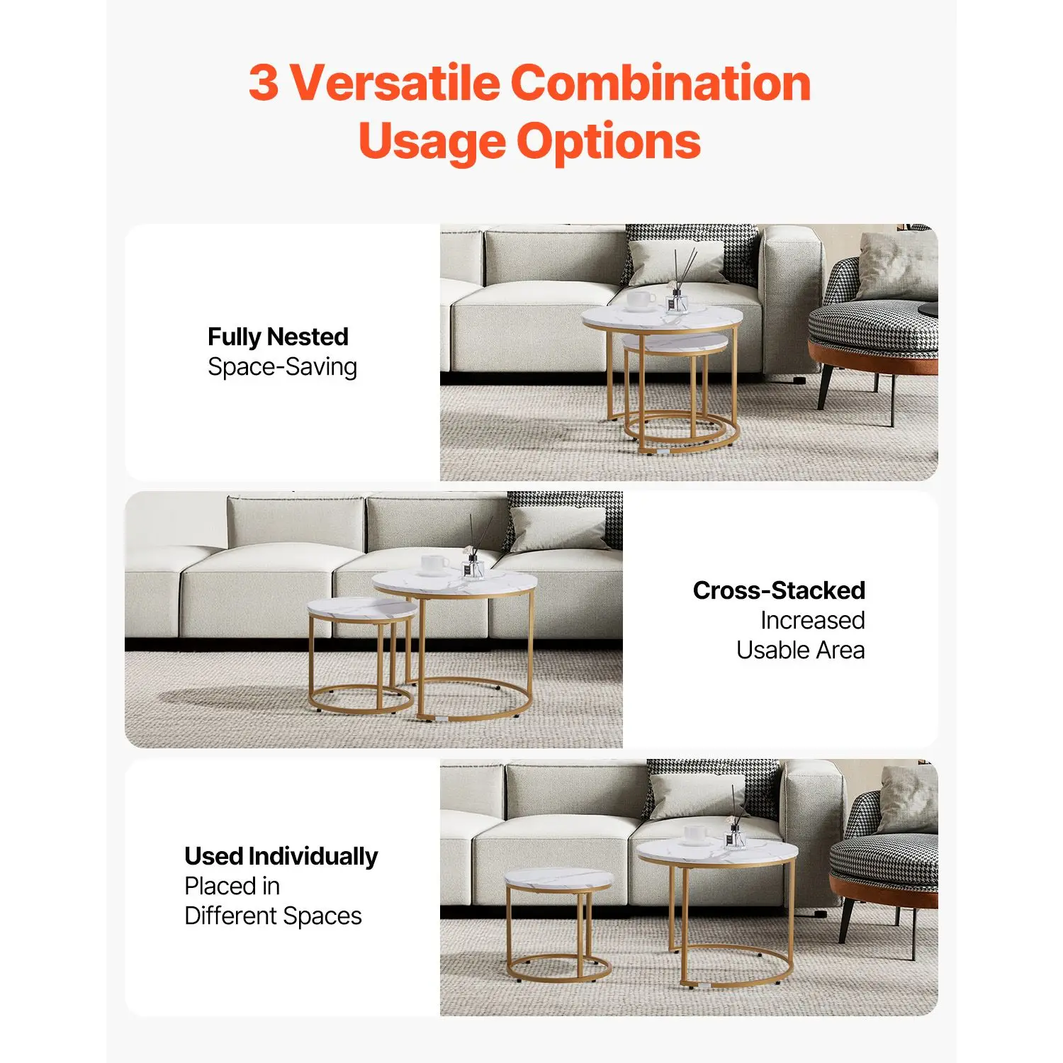 Nesting Coffee Table Set of 2, 23.6 in Round, for Small Place, Vintage End Side Night Stand with Metal Frame, Living Room