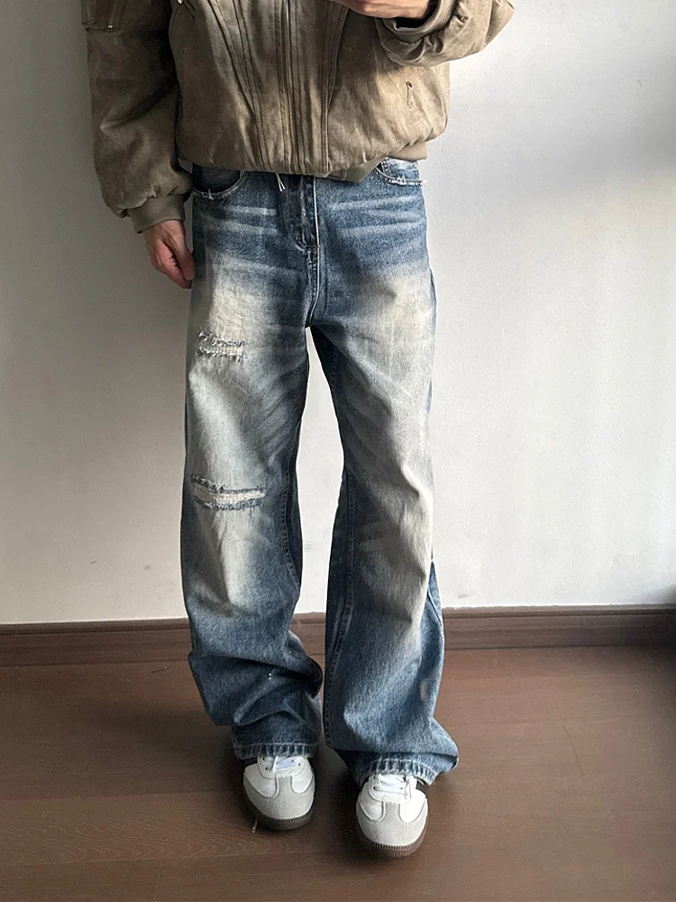 

plus Size American Retro Fake Hole Denim Jeans Women's Pear Shape High Waist Washed Slim Straight Leg Wide Leg Long Trousers