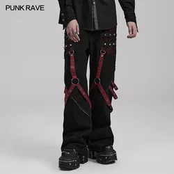 PUNK RAVE Men's Punk Style Wide Leg Trousers Cotton Webbing with Metal Rivets Combination Personality Casual Loose