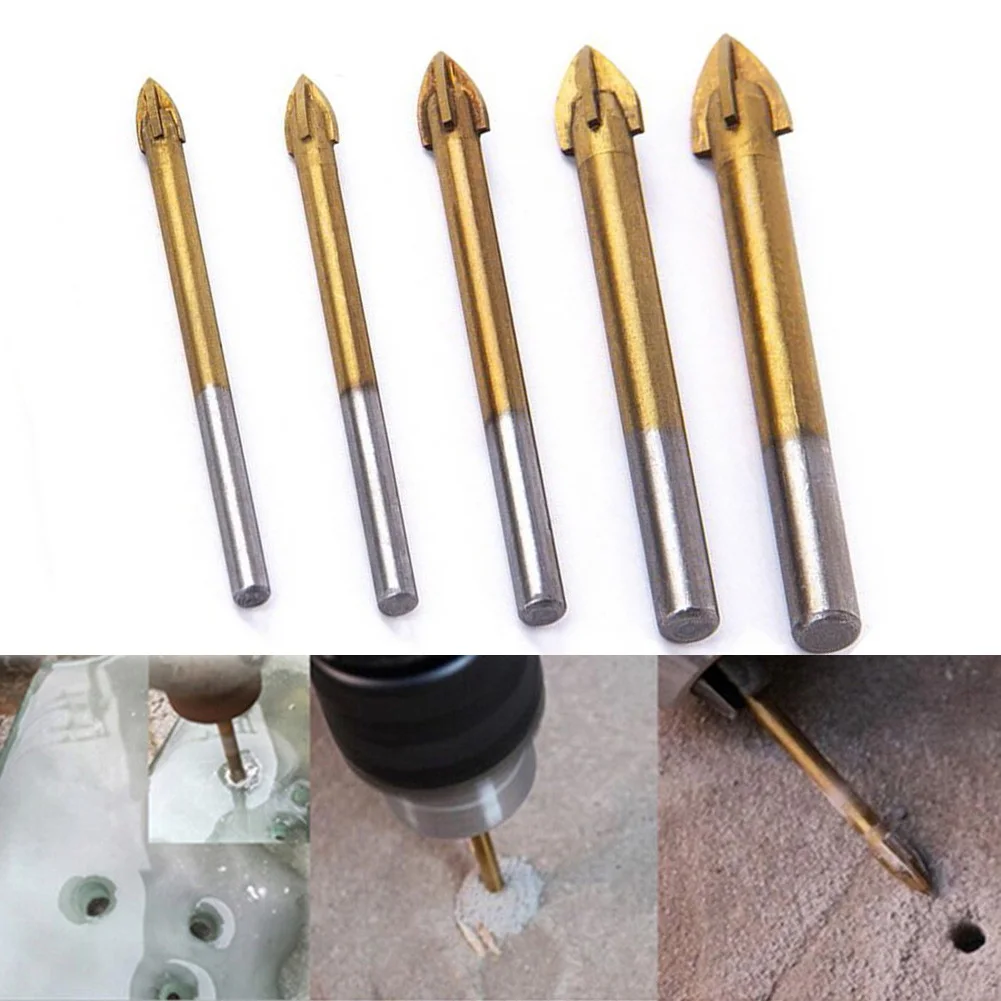 

5 шт. 5-12 мм сверло для стекла с крестообразной головкой, промышленный класс из твердосплавных точек с покрытием TIN и 4 режущими краями, установленная ручная дрель