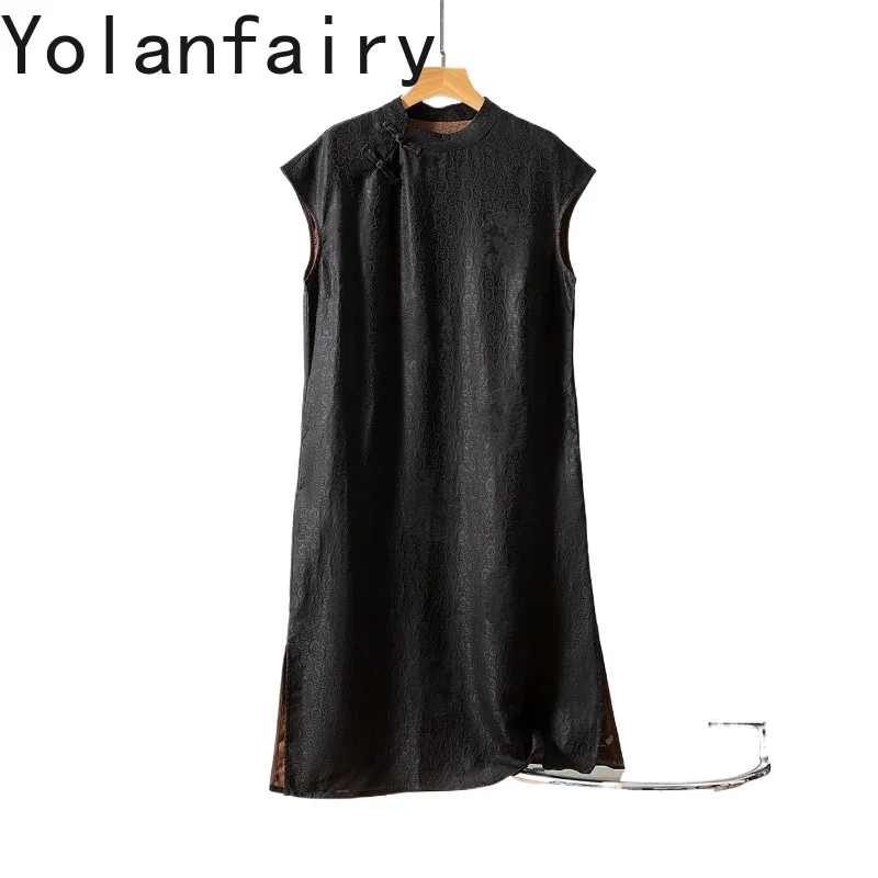 

YOLANFAIRY New 100% Natural Mulberry Silk Dress Women Clothing Sleeveless Gauze Silk Dresses Stand Collar Cheongsam Black Dress