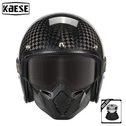 Kask otwarty Capacetes De Moto z włókna węglowego 3/4 z odpinaną ciepłą maską przeciwmgielną do jazdy na rowerze Cascos Retro motocykl DOT