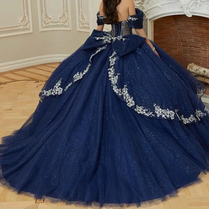 Blu Navy lucido abito Quinceanera abito da ballo con spalle scoperte Applique perline cristalli Tull corsetto dolce 16 Vestido De 15 Anos