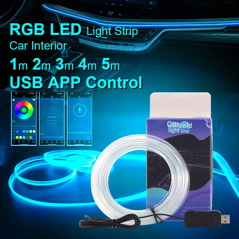 RGB LED Light Strip For Car Interior 1M2M3M4M5M USB Fiber Optic Atmosphere Lamp Support APP Control Ambient Neon Invisible Light