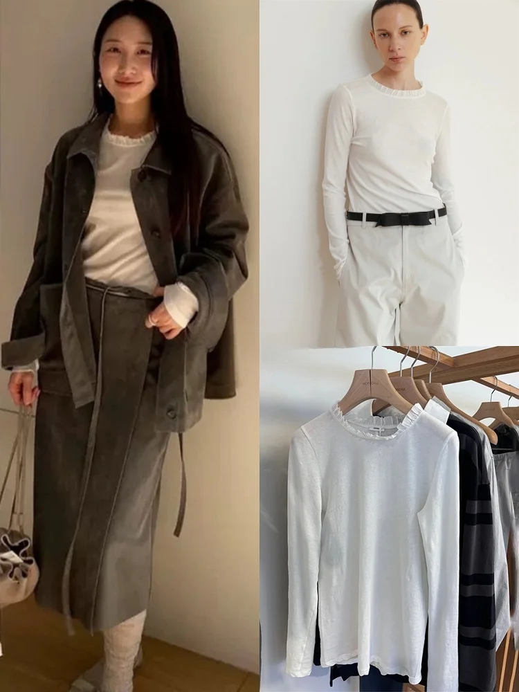 

Женская футболка Monoha с длинным рукавом, новый летний стиль, приталенная, с кружевным воротником, для повседневной носки, 100% хлопок, стандартная длина