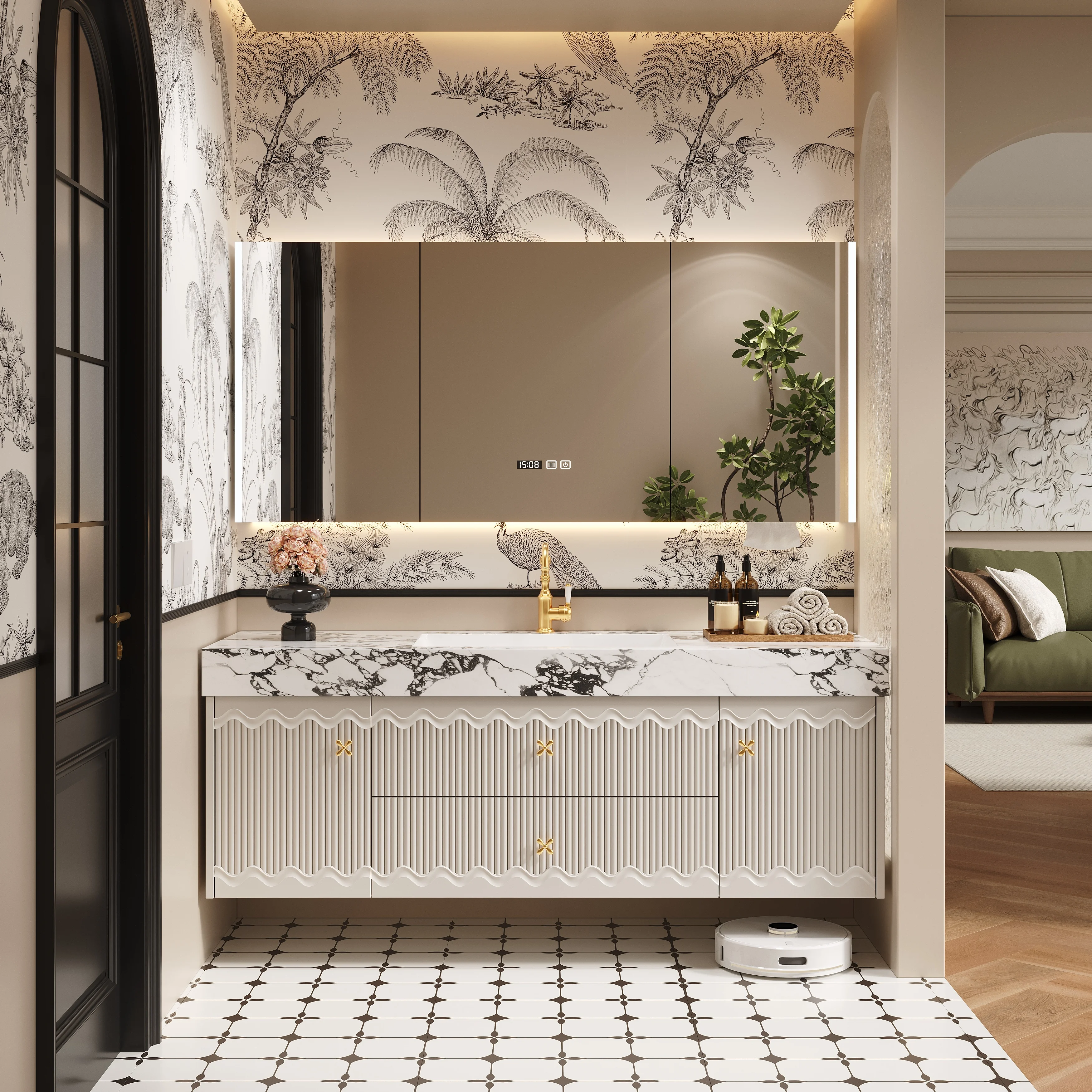 &c American-style Minimalist Luxury Solid Wood Bathroom Cabinet Smart Mirror Seamless Granite Washbasin for Hospital/Warehouse