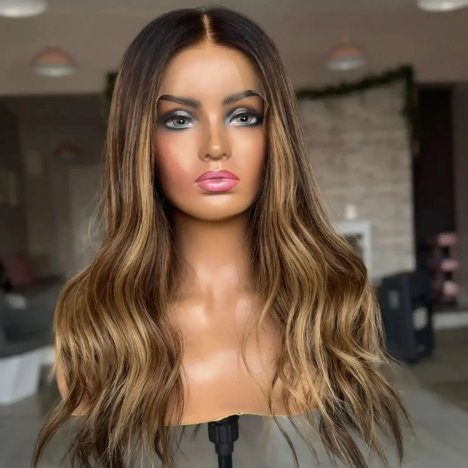 

13x4 Ombre Chestnut Brown Highlights HD Synthetic Lace Frontal Wig High Quality Realistic Look Preplucked Hairline Glueless Wigs