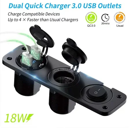 3 in 1 Car Dual USB Charger Cigarette Lighter Socket Power Outlet Adapter with Voltmeter Switch for Car Marine Boat ATV Truck