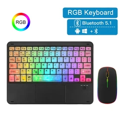 RGB gökkuşağı arkadan aydınlatmalı kablosuz Bluetooth klavye Touchpad ve fare kablosuz İspanyolca kore klavye iPad IOS Android Windows için