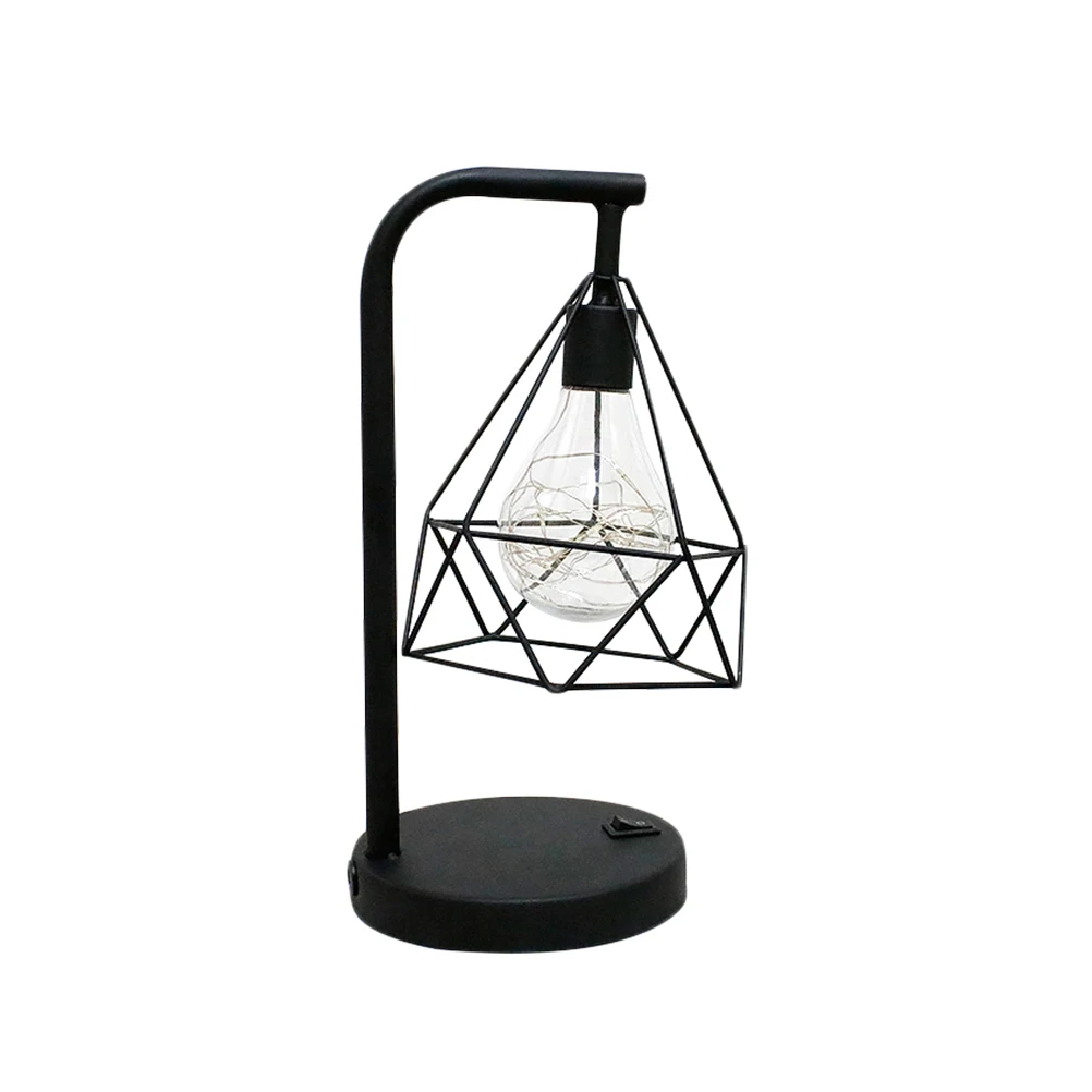 

Unique Cage Shape Led Iron Art Table Lamp Battery Operated Hollow Design Industrial Rustic Farmhouse Style Light For Home Decor