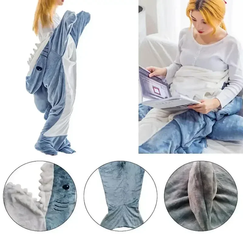 1-2PCS Shark Onesie Pajamas Super Soft Comfy Warm Shark Blanket Adult Cute Loose Hooded Pajamas Shark Adult Sleeping Blanket