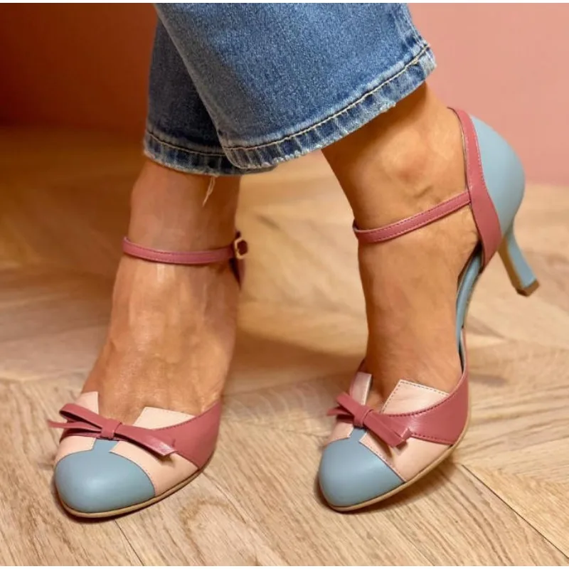 Luxury Sweet Female Dress Shoes Round Toe High Heels Pumps Buckle Strap Bowknot Mixed Color Plus Size 43 Dating Shoes