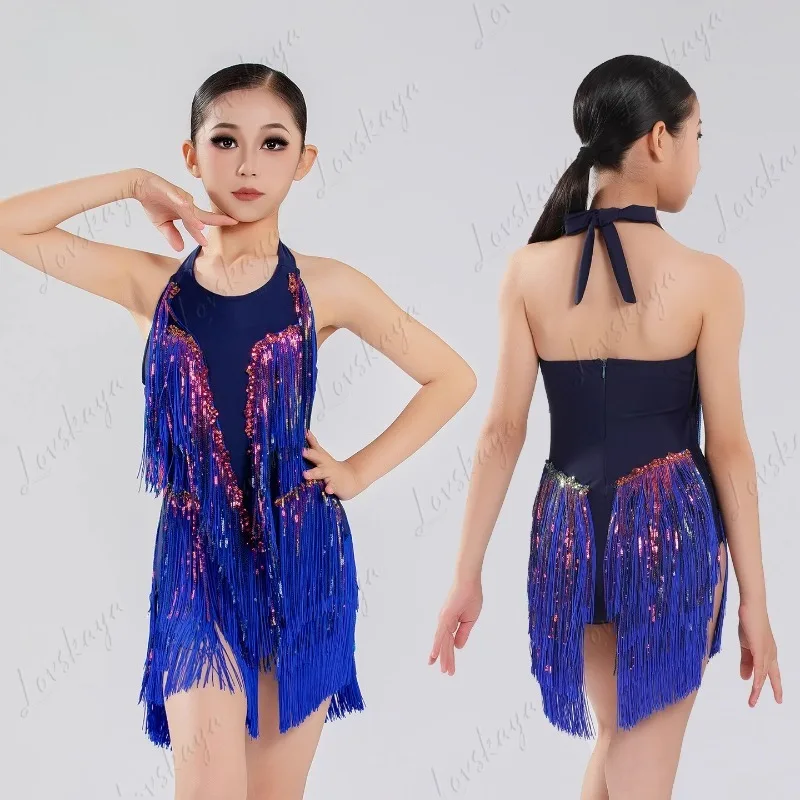 

Одяг для латинских танцев с драпировкой и блестками и бахромой для выступлений, летний топ с лямкой на шее для детского тренировочного комплекта