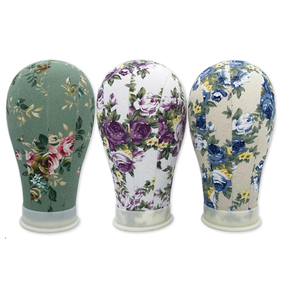 Colorful Printed Flower Canvas Head Covered Block Mannequin Wig Stand Head 21-23inch Used For Wig Making Stocking And Display