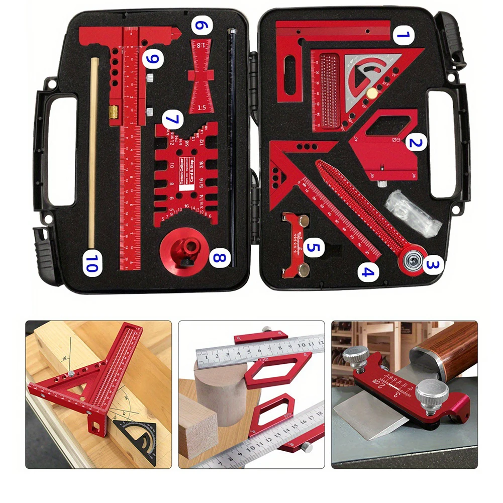 Red Aluminum Alloy Woodworking Measuring Tool Kit 10 Piece Set With Storage For Accurate Layout Marking And Project Planning