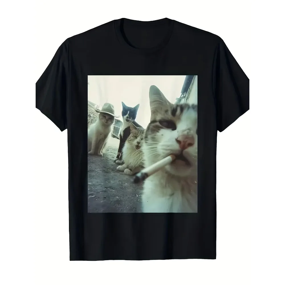 

Funny Smoking Cat Graphic T-Shirt Striped Cat Smoking Humorous Retro Style Breathable and Comfortable Summer Short Sleeve Tee