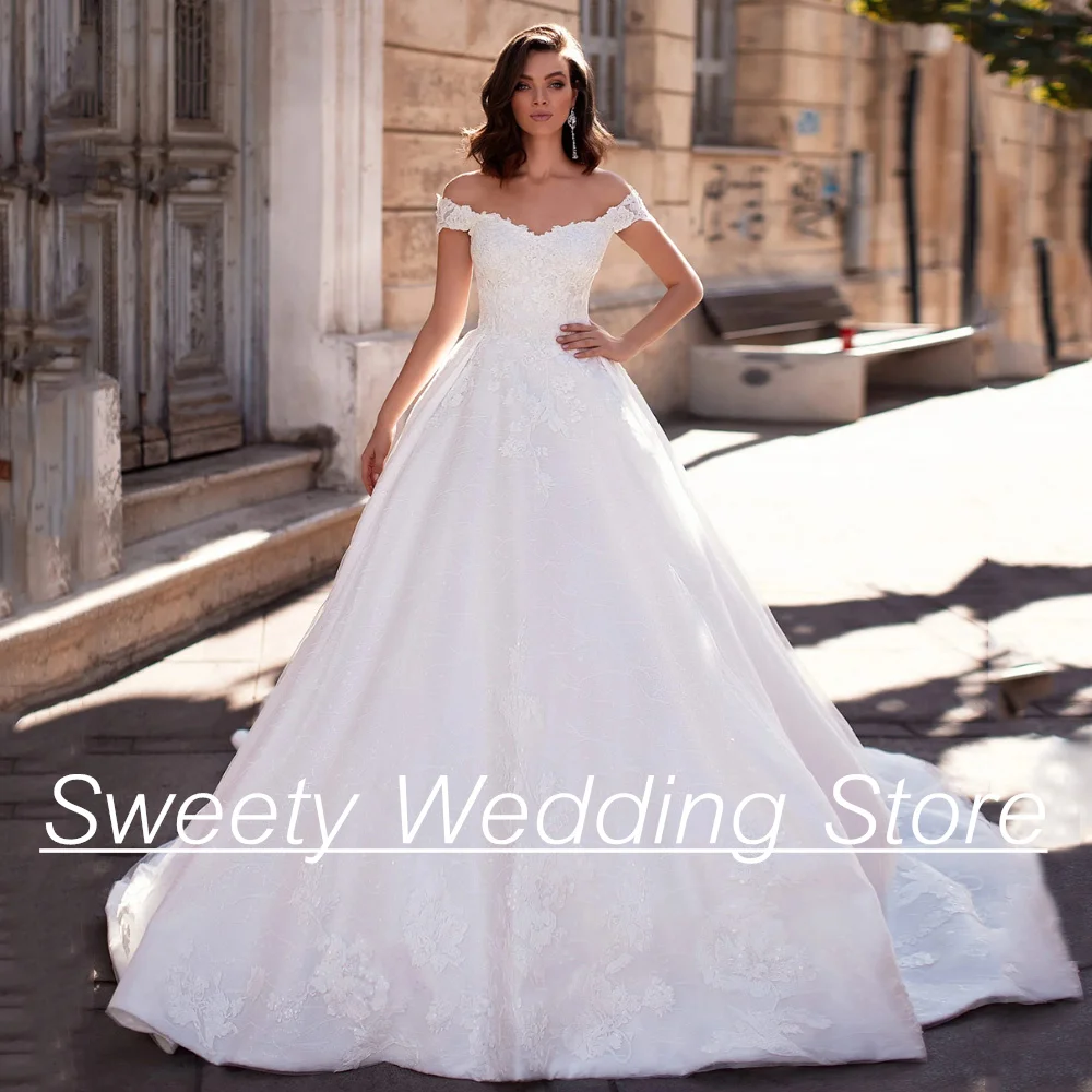 

Vestido De Noiva Wedding Dress Customized Off Shoulder V Neck Sequined Applique A Line Corset Bridal Gown for Woman Bride