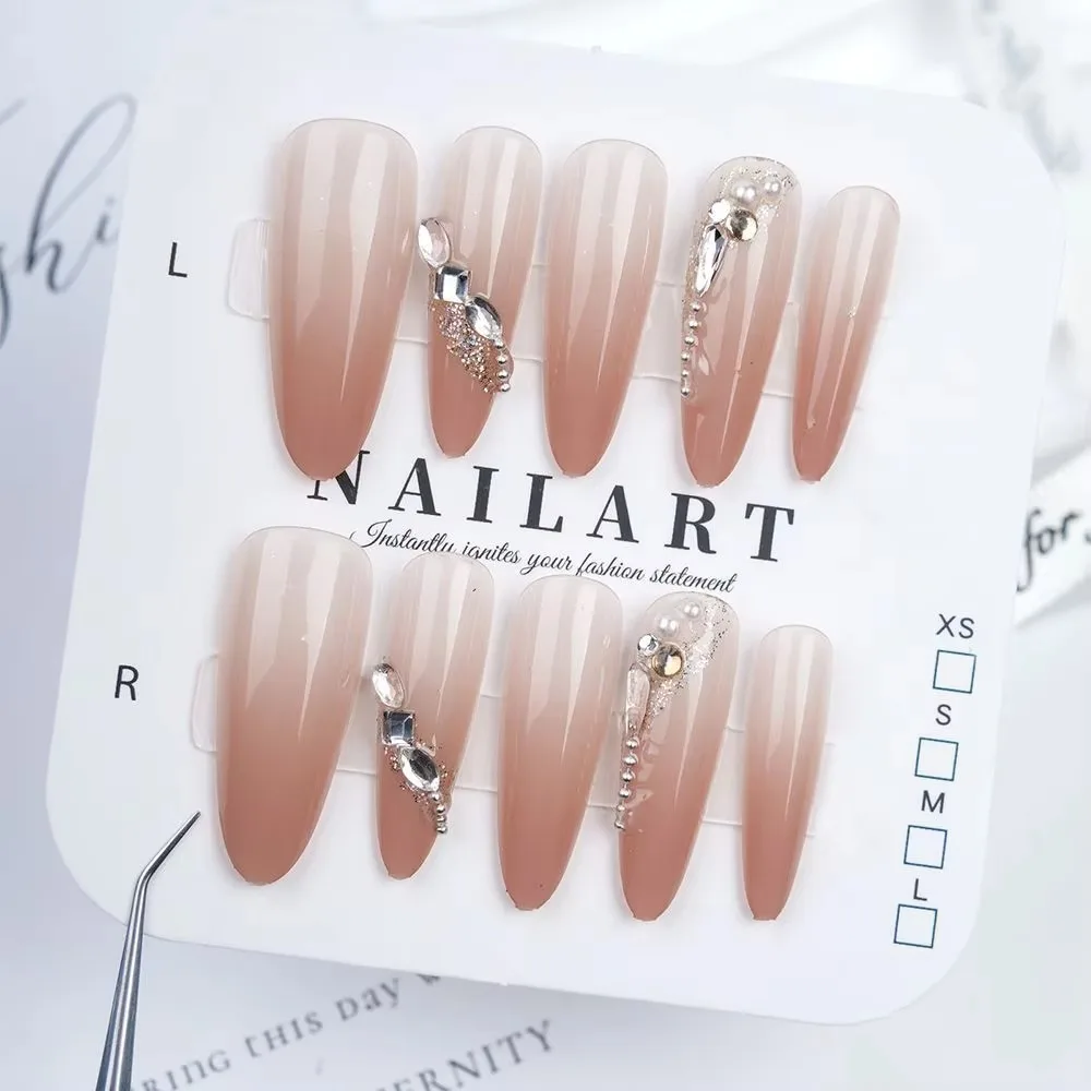 Handmade Ice Transparent Gradient Press on Nails Desire Style Long Length Detachable False Nails Includes Tool Kit