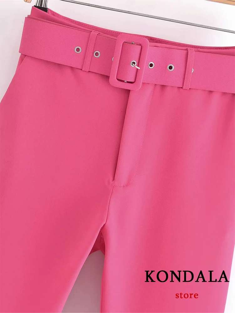 KONDALA Office Lady Rosered Belt Flaer Pants Women Fashion 2023 Zipper Pockets Streetwear Boot Cut Trousers Y2K Girl Pants