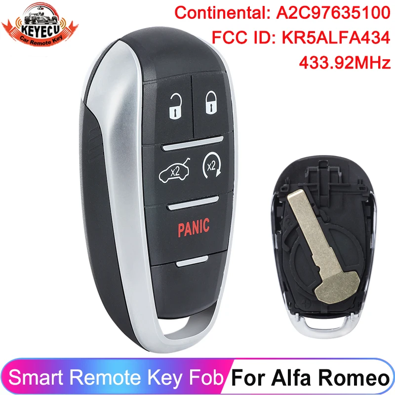 KEYECU 5 przycisków 4A Chip 433 MHz A2C 97635100   Dla Alfa Romeo Giulia Stelvio 2017 2018 2019 2020 inteligentny klucz KR5ALFA434 pilot