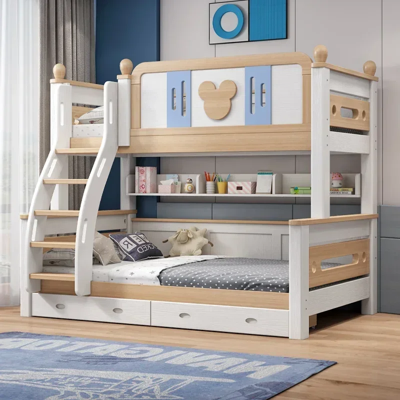 A  Double layered children's bed with wooden flooring on top and bottom
