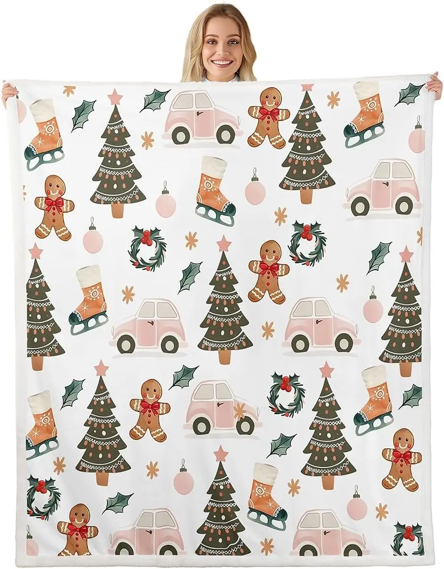 Xmas Tree Car Sherpa Throw Blanket for Couch Gingerbread Man Super Soft Cozy Fleece Garland Blanket for Winter, Plush Throw