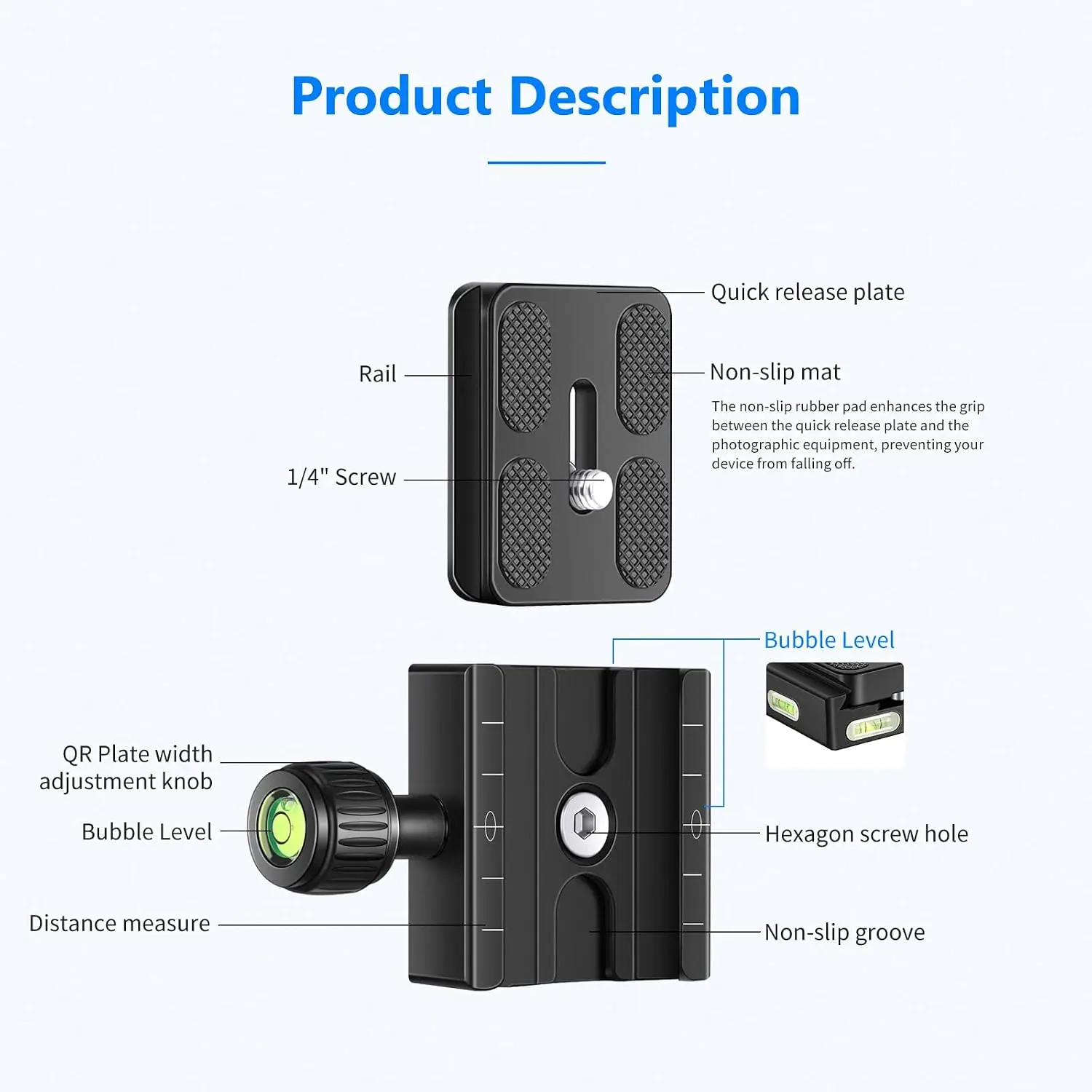 NEEWER Metal 50mm Quick Shoe Base Clamp and QR Plate with Bubble Level and Adjustable Lever Knob