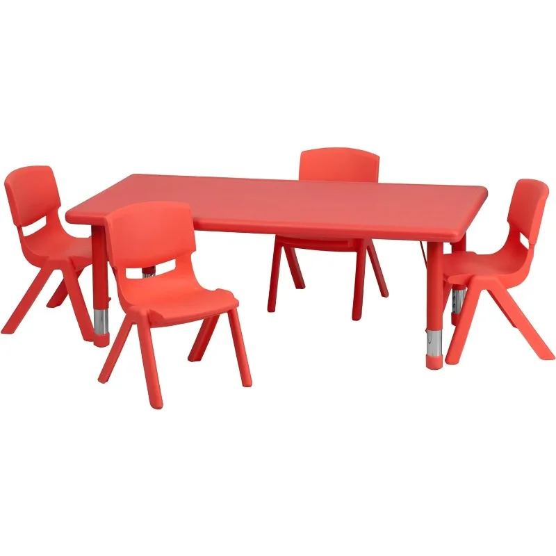 24''W x 48''L Rectangular Red Plastic Height Adjustable Activity Table Set with 4 Chairs