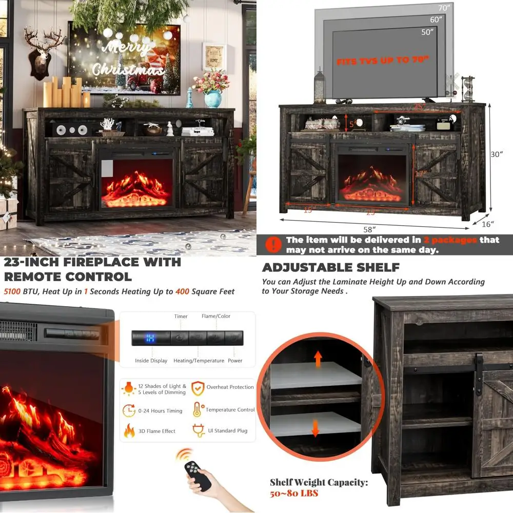 70インチテレビ対応 電気暖炉付きエンターテイメントセンター - ブラウンの背の高いファームハウススタイルのテレビ台（収納付き、暖炉機能付き）