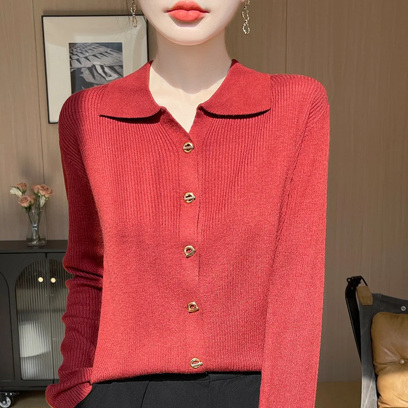 Primavera e outono novo polo manga longa base de lã design premium cor sólida gola de malha cardigan camisola casaco topo