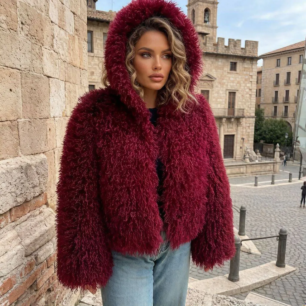 

Women's hooded Mongolian wool faux fur coat for autumn and winter fashion fake Mongolian wool jacket