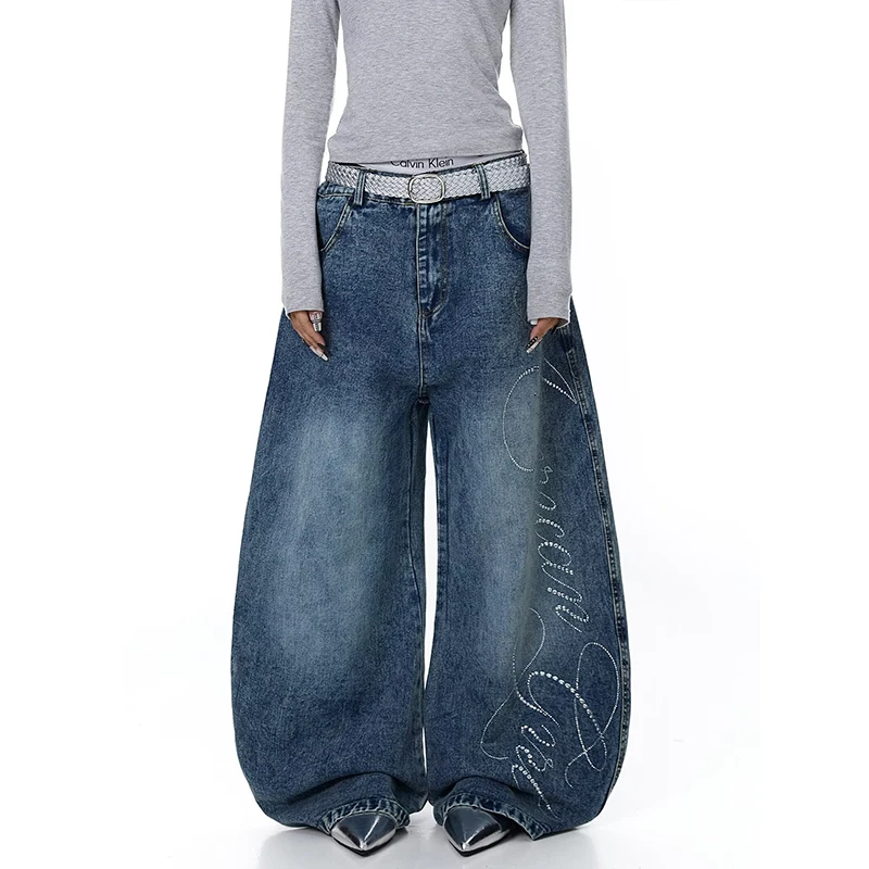 New Goth Letter  Embroidered Y2K Baggy Jeans Women's High Street Fashion Wide Leg Flared Jean Hip Hop Vintage Denim Curved Pant