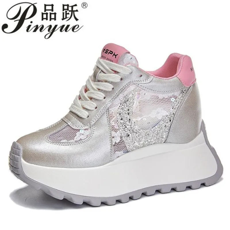 

8cm Air Mesh Hollow Synthetic Leather Mixed Color Slipper Leisure Breathable Summer Women Wedge Chunky Platform Lace Sneakers