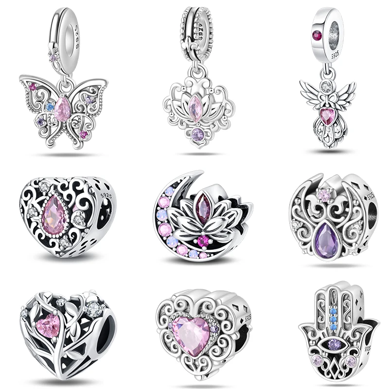 100% 925 Sterling Silver Classic Pink Lotus Angel Butterfly Charms Beads Fit Pandora Original Bracelets Lucky DIY Jewelry Gifts