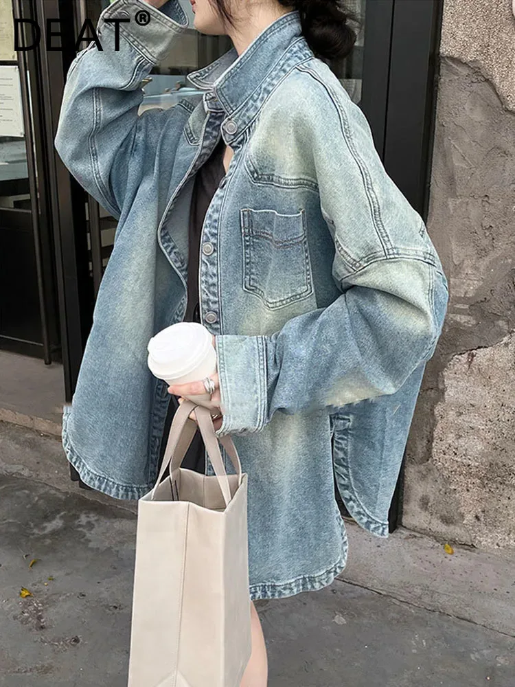 

DEAT Fashion Women's Denim Coat Lapel Distressed Single Bresated Pockets Patchwork Loose Cotton Jackets Autumn 2024 New 7AB7637