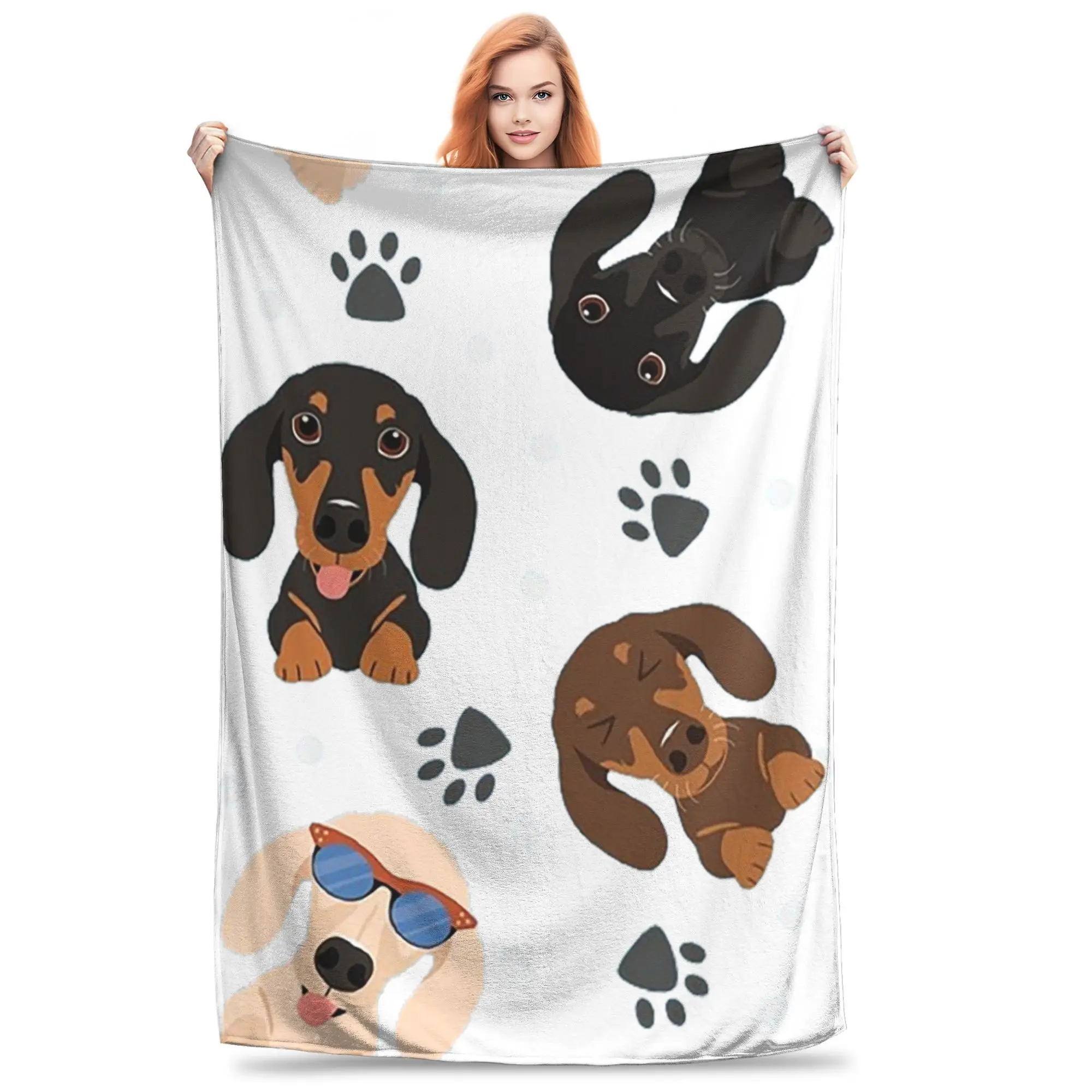Happy Dachshund Sausage Dogs Blanket Soft Warm Flannel Throw Blanket Cover for Bed Living room Picnic Travel Home Sofa