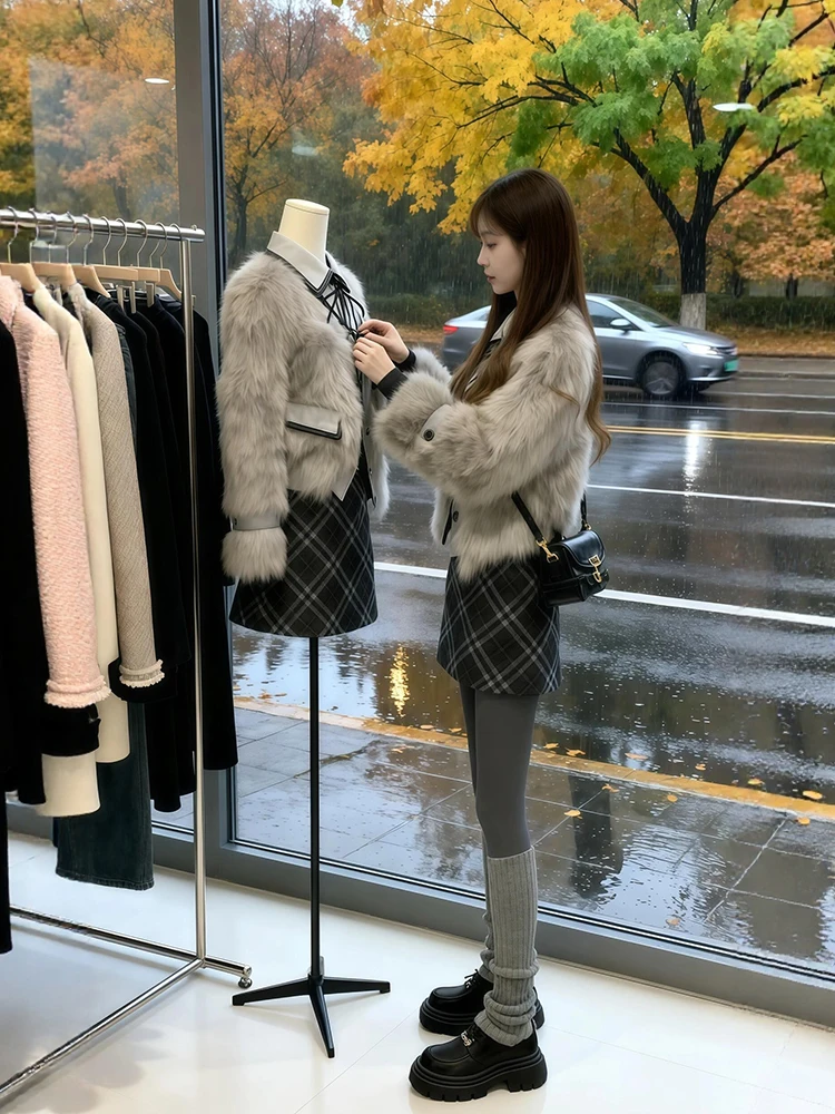 

Зимний модный комплект: пальто в клетку и короткая юбка для женщин больших размеров, роскошная куртка с меховой отделкой, юбка А-силуэта с высокой талией
