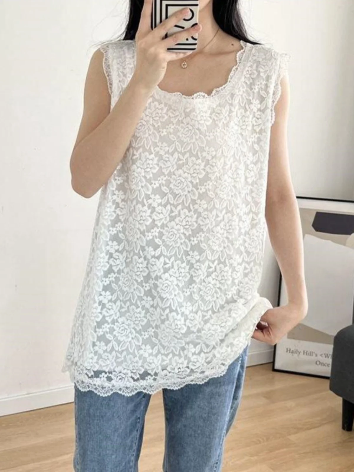 

Женский летний топ больших размеров с кружевом, свободный крой, имитация двухслойности, тонкий, с круглым вырезом, модель 240