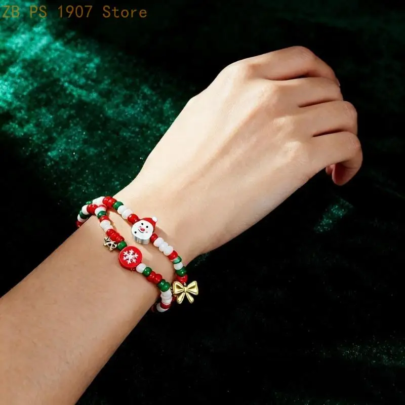 

Christmas Snowman Santa Beaded Wristband Polymer Clay 18cm Adjustable Handchain 55KA