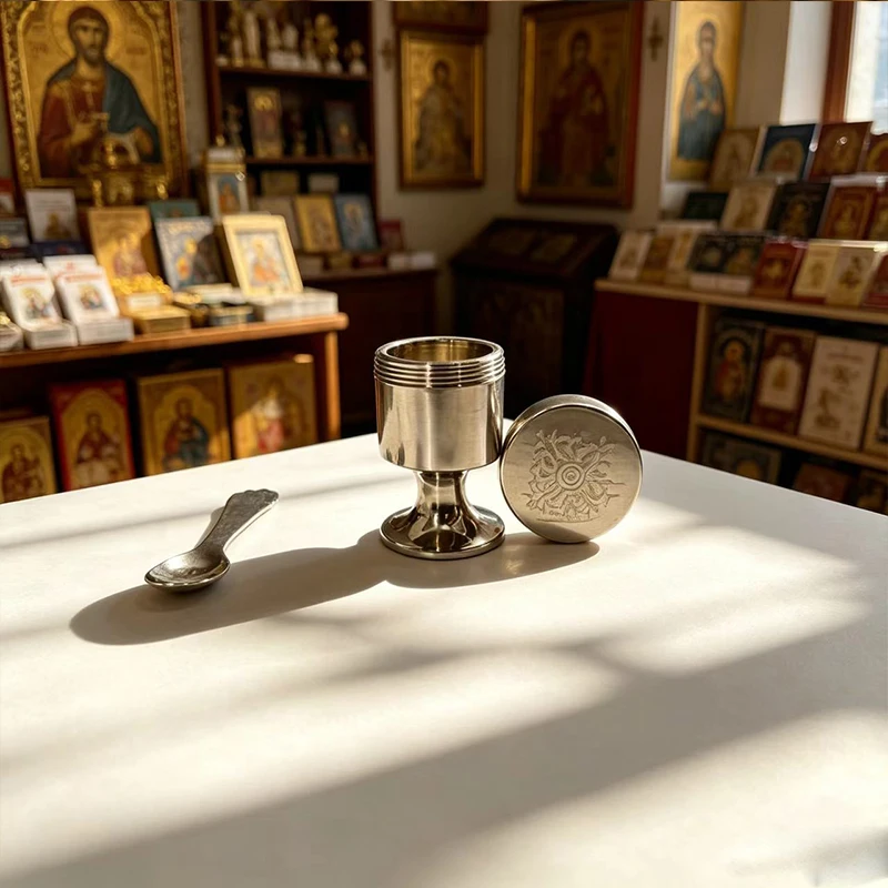 Cáliz Religioso Ortodoxo Cristiano para Viaje, Mini Jarra de Aceite Sagrado de 4cm con Cuchara, Decoración de Altar en Metal Dorado y Plateado, Set de Regalo para Comunión