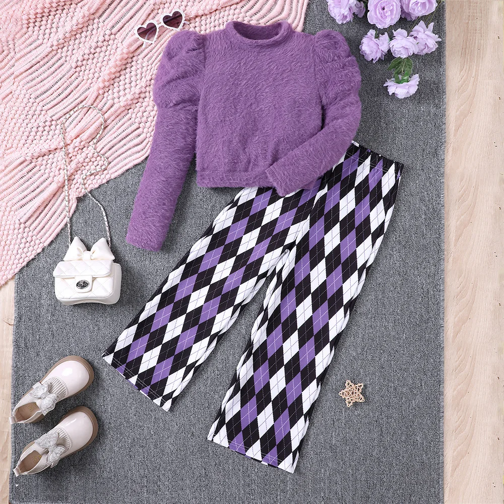 2024 Clothing Set Girls Long Sleeve O Neck Purple Coat Plaid Purple Pants 2 Pcs Sets Casual Girls Clothes Set 8-12T