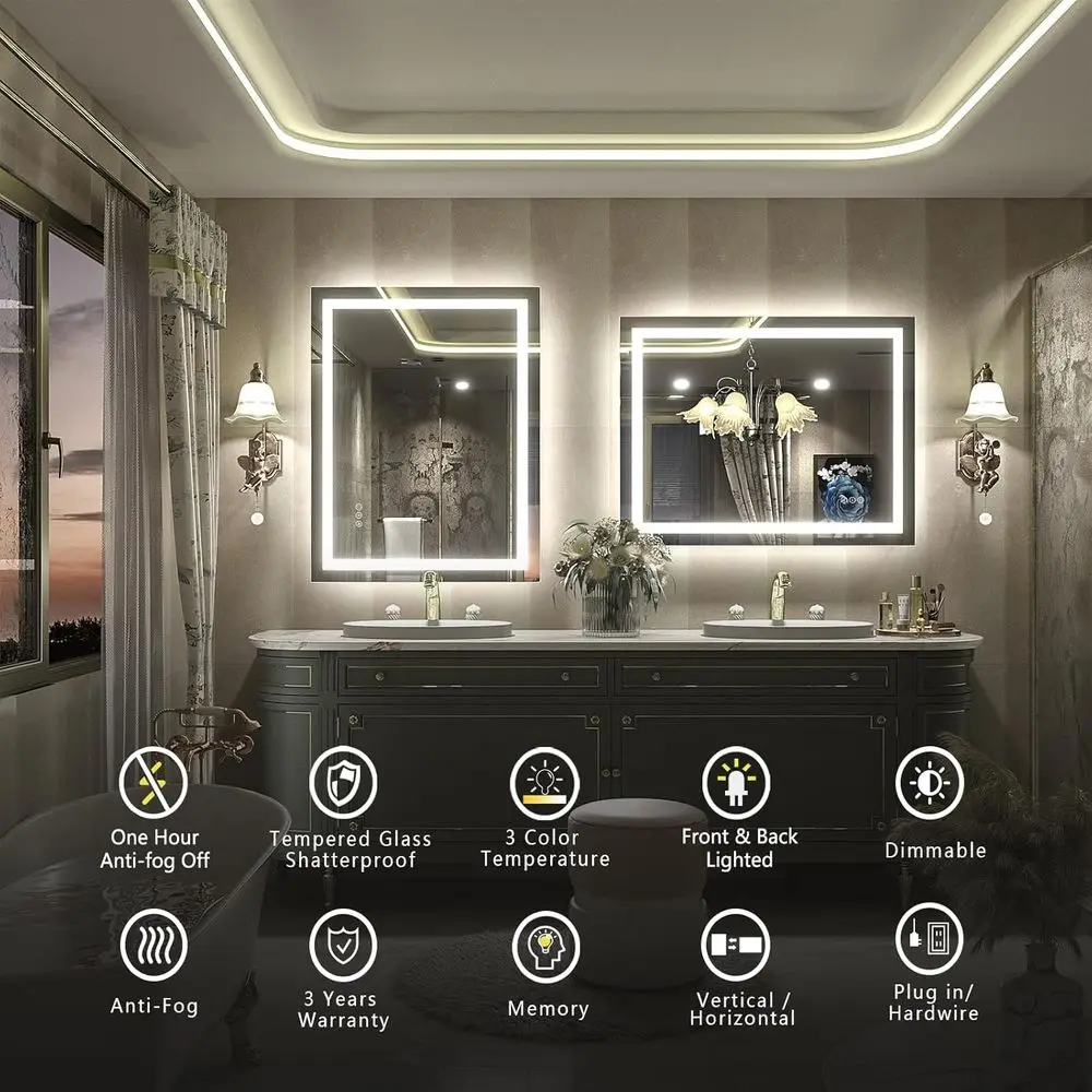 Miroir de salle de bain éclairé à 36 LED, miroir de courtoisie mural avec rétro-éclairage et lumière avant, intensité variable, Anti-buée, fonction mémoire