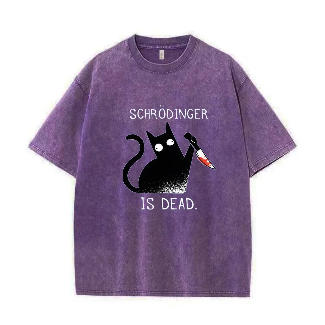 Schrodinger is dead Black Cat Fashion Wash Cotton T-shirt Men's High Quality T-shirt Oversized T-shirt Short Sleeve Street Top