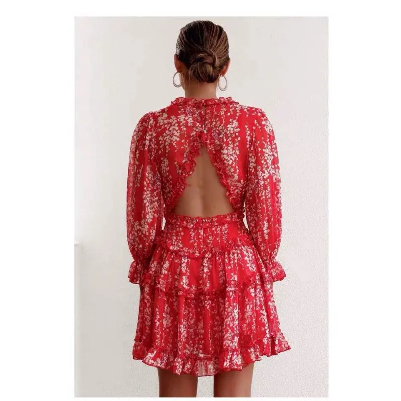 Sexy manga longa com decote em v chiffon férias espartilho em camadas plissado vestido elegante feminino floral impressão boêmio vestido de praia