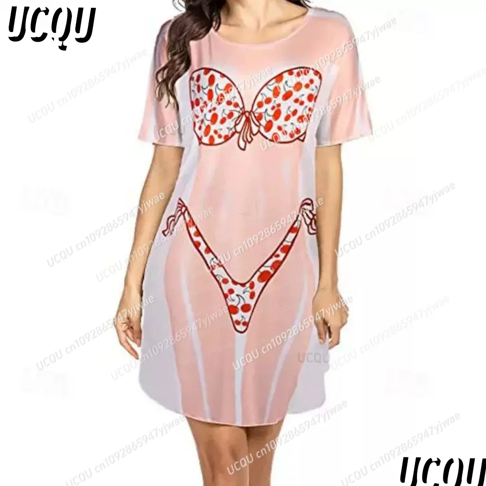 2025 Summer Women T-Shirt Dress Casual Fun 3D Bikini  Printed O-Neck Lady Short Sleeve Pullover Home Sleep Dress Women Clothing