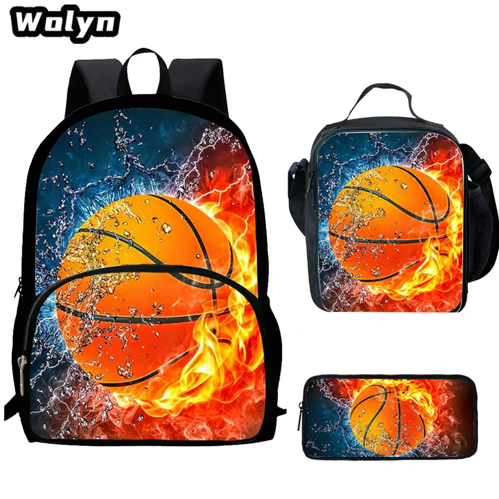 3pcs Set Basketball Prints Children Backpack with Lunch Bags Pencil Case for Grade 1-3, Volleyball School Bags for Boys Bookbags