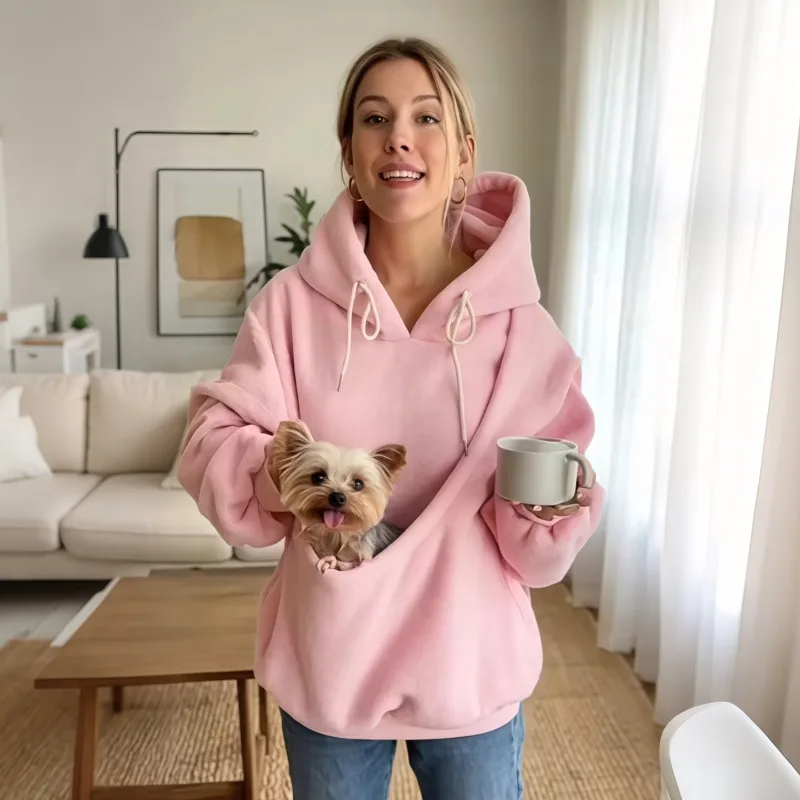 Loose Hooded Sweatshirt With Built-in Pet Pocket Portable Cat Carrier Pullover For Women