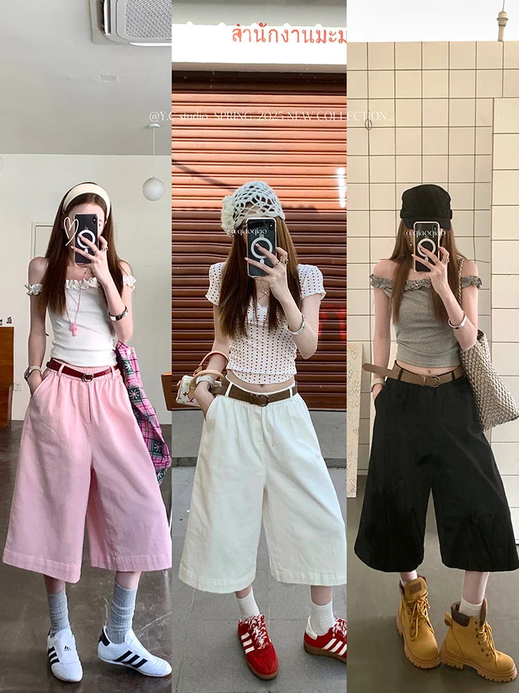 

Summer Women's Vintage Washed Retro Solid Color Jeans High-Waisted Loose Fit Straight Leg Pants Capri Trousers