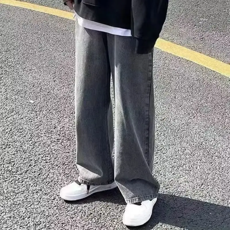 

2024Новая уличная одежда, свободные джинсы, мужские модные свободные прямые широкие брюки в корейском стиле, мужская брендовая одежда, черный, голубой